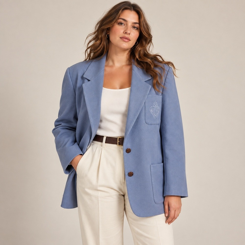 Talbots Blazer Women 14 Blue Wool Cashmere Crest Patch Pocket Old Money Preppy